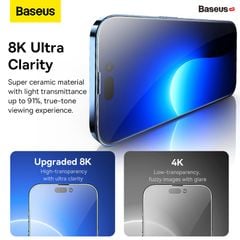 Kính Cường Lực Full HD 8K Cho iPhone 14 series Baseus All-glass SuperCeramic Tempered Glass Film 0.3mm Cellular Dust-proof ( full kính, full viền, Bộ 2 cái + Khung cố định hỗ trợ dán)