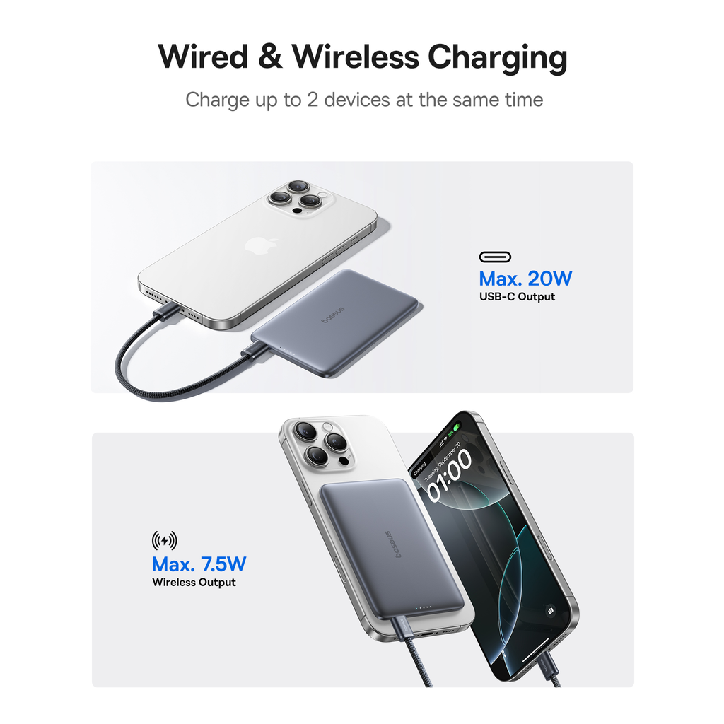 Pin Dự Phòng Không Dây Baseus PicoGo AM41 Ultra-Slim 5000mAh 20W (Sạc Không Dây 15W, Kèm Cáp C to C 0.3m 60W)