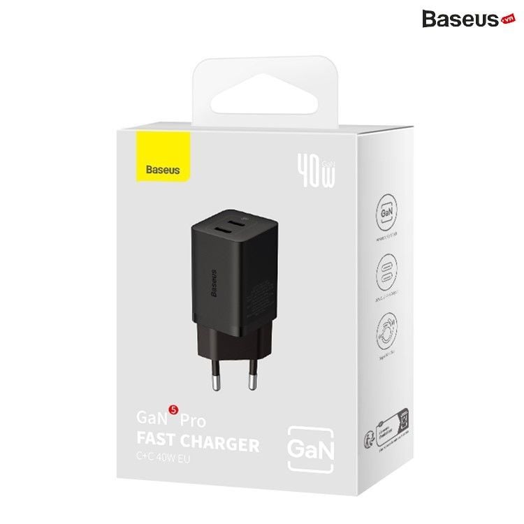 Củ Sạc Nhanh Baseus GaN5 Pro Fast Charger C+C 40W Dùng Cho iPhone Samsung Macbook iPad (Nhỏ gọn, sạc nhanh PD/Quick Charge)