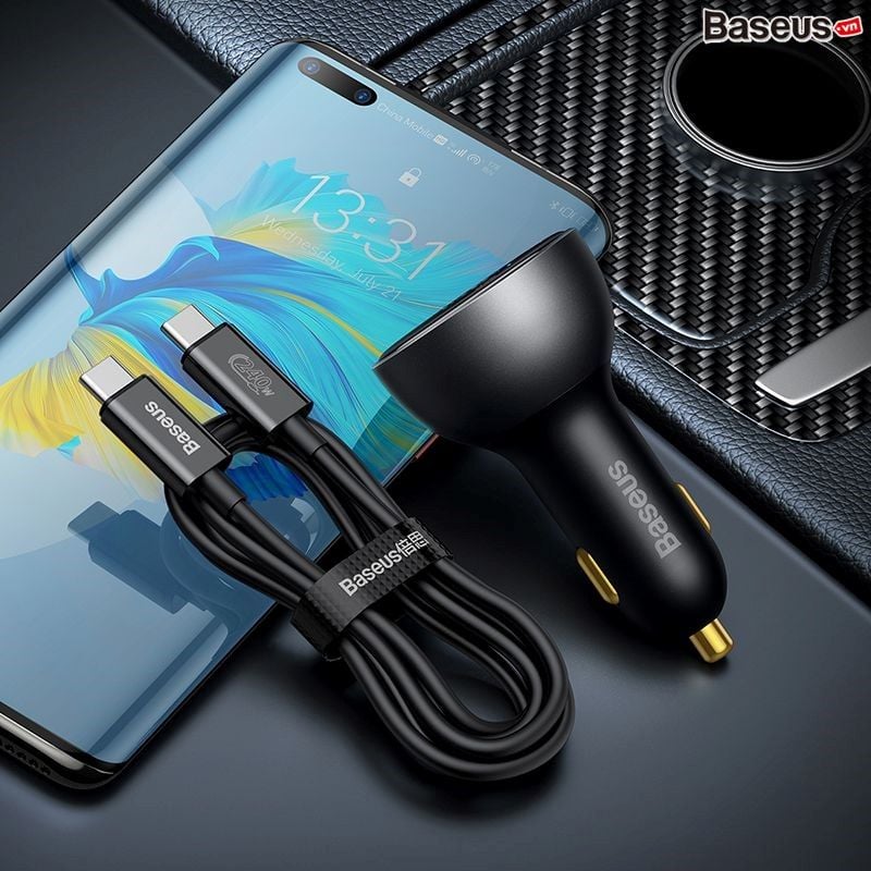 Tẩu Sạc Nhanh Dùng Trên Ô Tô Baseus Digital Display PD3.1 Dual Fast Charger Car Charger U+C 140W Kèm Cáp C to C 240W