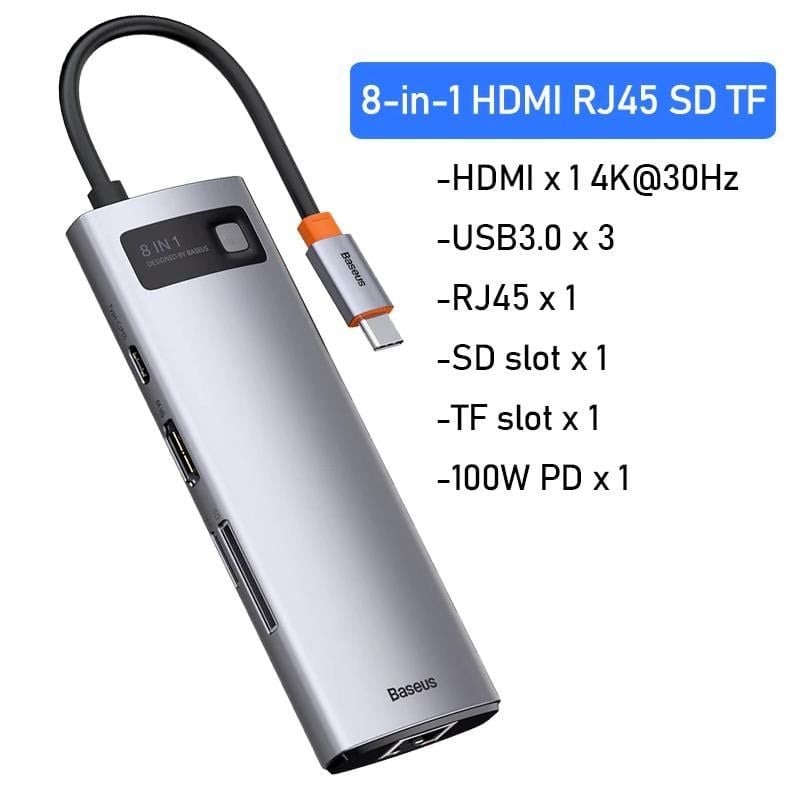 Hub Baseus Metal Gleam – Type-C đa năng: HDMI/DP/VGA/USB3.1/LAN/SD/PD 100W, dùng cho Macbook, laptop, iPad