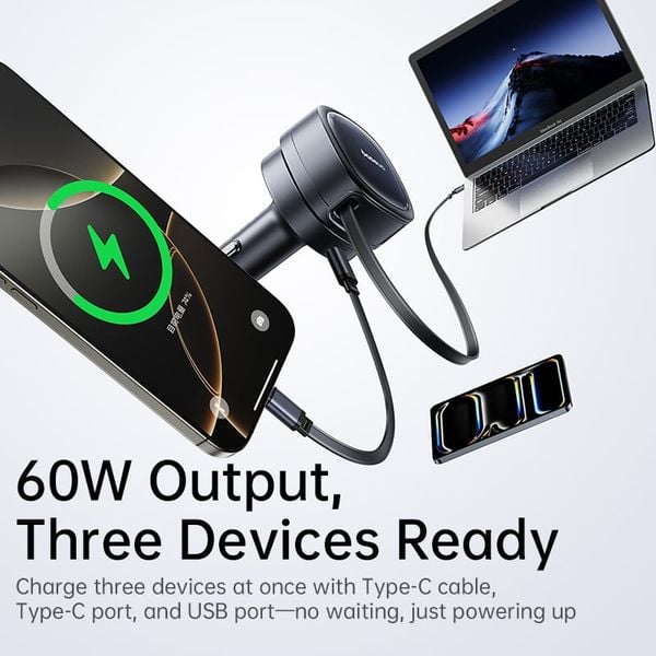 Tẩu Sạc Cho Ô Tô Baseus PrimeTrip VR1 60W (With 0.8m Retractable Cable (U+C) + Type-C, 180° Rotating Design, Dual Anti-Slip Clips, LED Indicator, 60W Triple Ports)