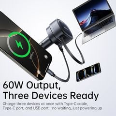 Tẩu Sạc Cho Ô Tô Baseus PrimeTrip VR1 60W (With 0.8m Retractable Cable (U+C) + Type-C, 180° Rotating Design, Dual Anti-Slip Clips, LED Indicator, 60W Triple Ports)