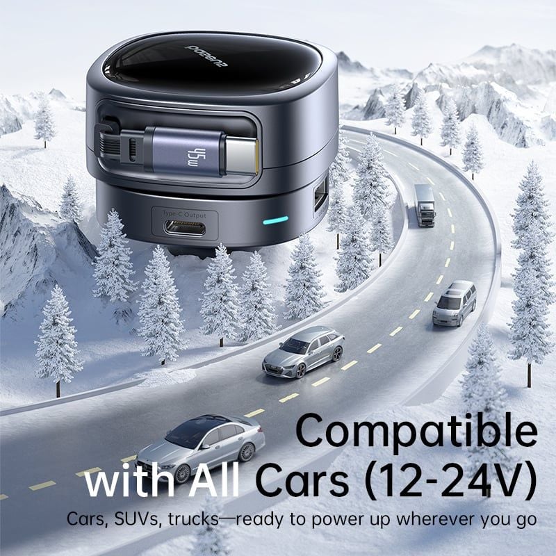Tẩu Sạc Cho Ô Tô Baseus PrimeTrip VR1 60W (With 0.8m Retractable Cable (U+C) + Type-C, 180° Rotating Design, Dual Anti-Slip Clips, LED Indicator, 60W Triple Ports)