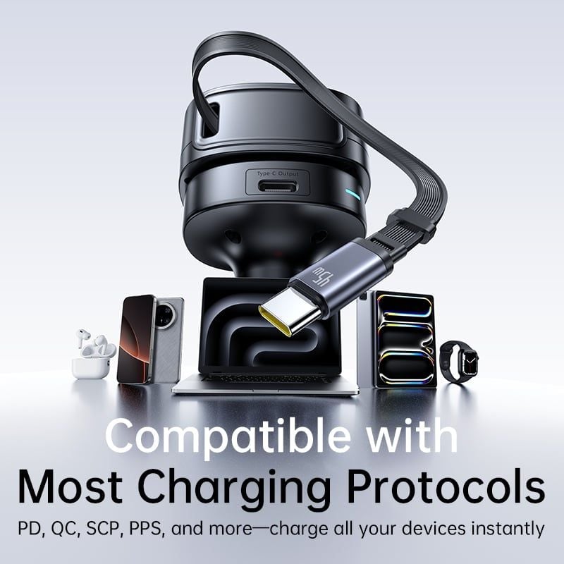 Tẩu Sạc Cho Ô Tô Baseus PrimeTrip VR1 60W (With 0.8m Retractable Cable (U+C) + Type-C, 180° Rotating Design, Dual Anti-Slip Clips, LED Indicator, 60W Triple Ports)