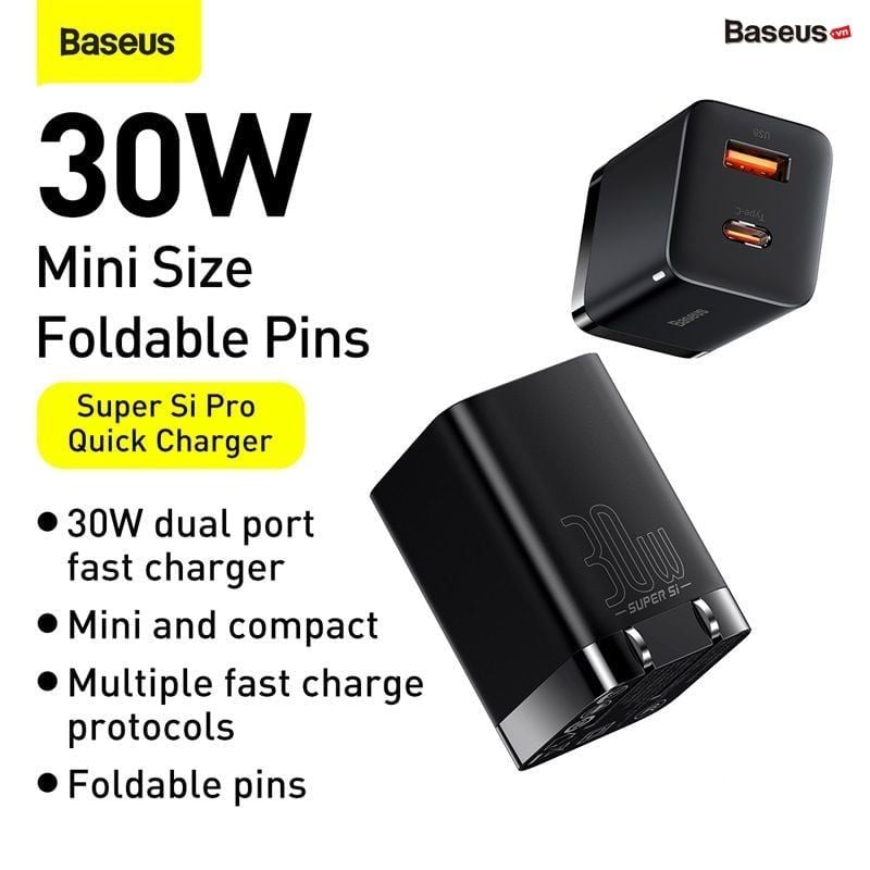 Sạc Nhanh Nhỏ Gọn Baseus Super Si Pro Quick Charger C+U 30W