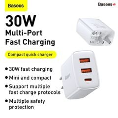 Cốc sạc nhanh Baseus Compact 30W – Siêu nhỏ gọn, 2 cổng USB + Type-C, hỗ trợ PD/QC3.0, sạc nhanh đa thiết bị tiện lợi