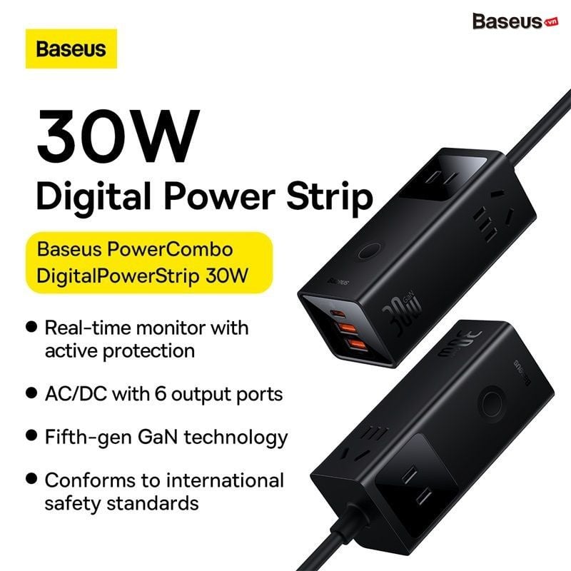 Bộ Sạc Nhanh Tích Hợp Dây Nguồn Nối Dài Baseus Power Combo Digital PowerStrip 30W/45W/65W