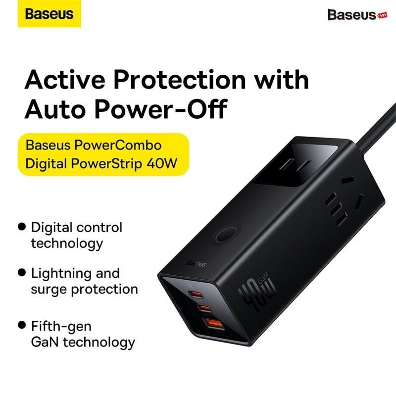 Ổ cắm tích hợp sạc nhanh Baseus PowerCombo – 3AC + 1U + 2C, 40W, dây nối dài, GaN5 Pro, tự ngắt thông minh an toàn