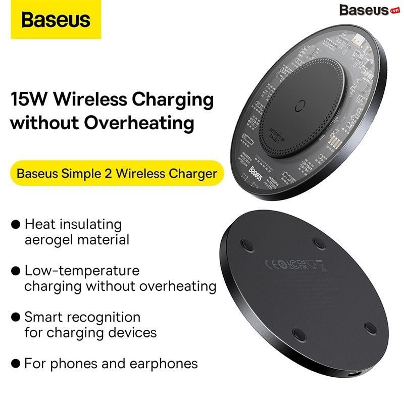 Đế Sạc Nhanh Không Dây Baseus Simple 2 Wireless Charger 15W Qi Cho iPhone Samsung Xiaomi Huawei LG Airpods (Kèm Cáp C To C 24W 12V/2A)