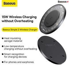 Đế Sạc Nhanh Không Dây Baseus Simple 2 Wireless Charger 15W Qi Cho iPhone Samsung Xiaomi Huawei LG Airpods (Kèm Cáp C To C 24W 12V/2A)