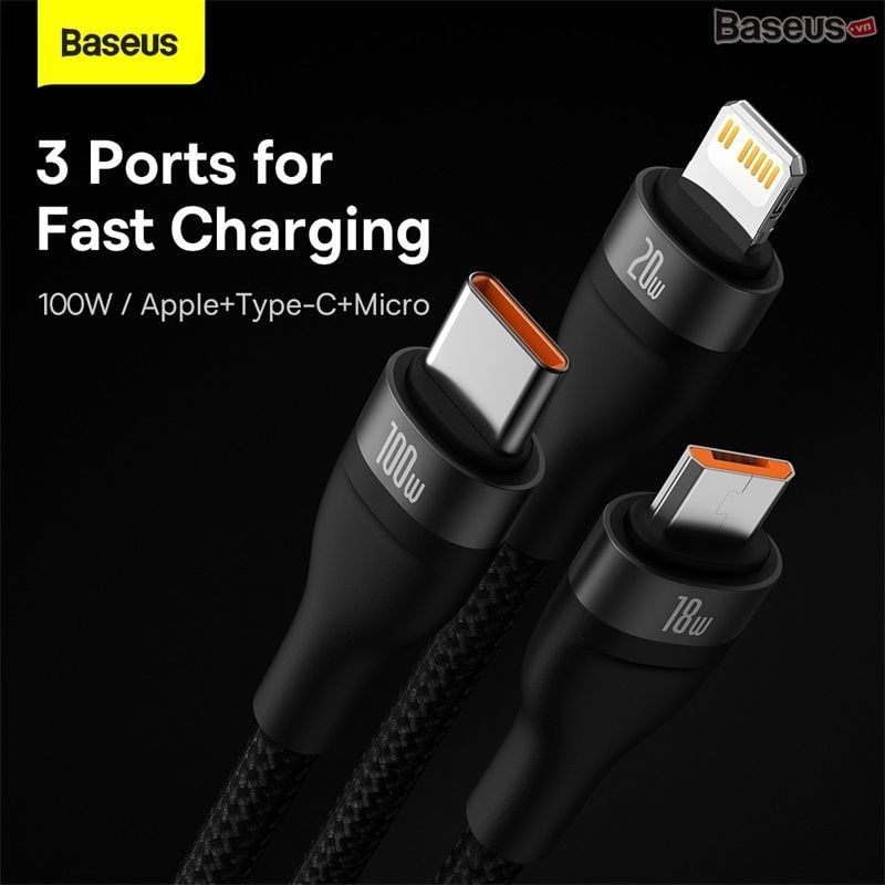 Cáp Sạc Nhanh Đa Năng 2 to 3 Baseus Flash Series Ⅱ 100W (USB + Type C to Type C + Lightning + Micro USB, 1.2m Fast Charge Cable)