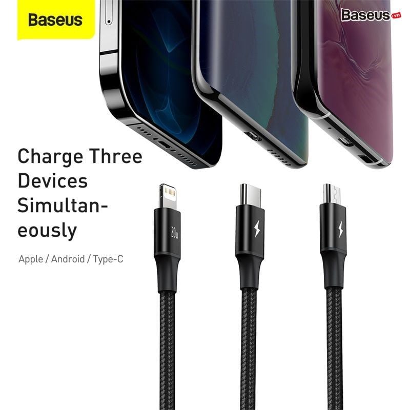 Cáp sạc 3 đầu Baseus Rapid Series 3-in-1 PD 20W (Type C to Type C/Lightning/Micro USB, Fast Charging & Data Cable)