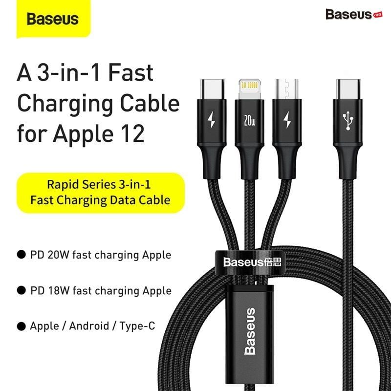 Cáp sạc 3 đầu Baseus Rapid Series 3-in-1 PD 20W (Type C to Type C/Lightning/Micro USB, Fast Charging & Data Cable)