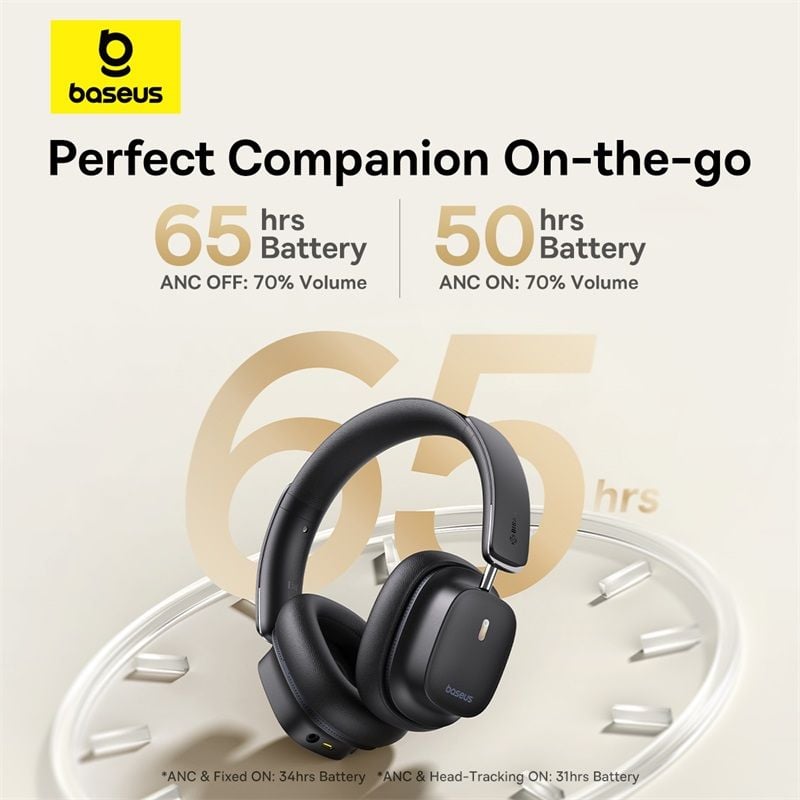 Tai Nghe Chụp Tai Không Dây Baseus Bowie 30 Max Noise-Cancellation (Bluetooth v5.4, -45dB ANC, Dual High-Res Certified+LDAC, 65H, Spatial Audio with Head Tracking, 50mm Driver)