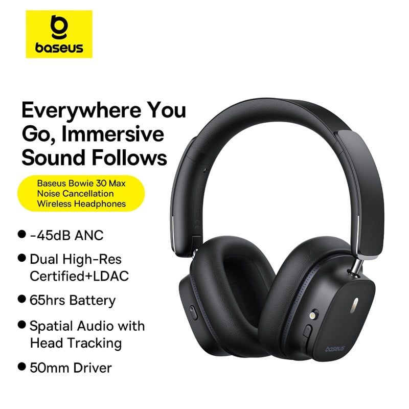 Tai Nghe Chụp Tai Không Dây Baseus Bowie 30 Max Noise-Cancellation (Bluetooth v5.4, -45dB ANC, Dual High-Res Certified+LDAC, 65H, Spatial Audio with Head Tracking, 50mm Driver)
