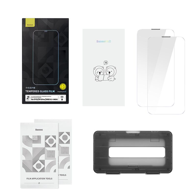 Kính cường lực Baseus Nano Crystal iPhone 14 – Full viền, 8K, chống bụi loa, bộ 2 cái + khung dán hỗ trợ