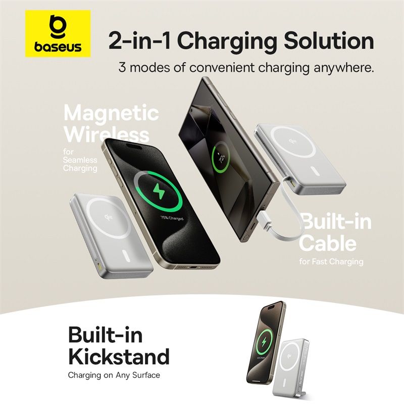 Pin Sạc Không Dây Baseus Nomos Qi2 Kickstand 10000mAh 45W (with Built-in USB-C Cable)