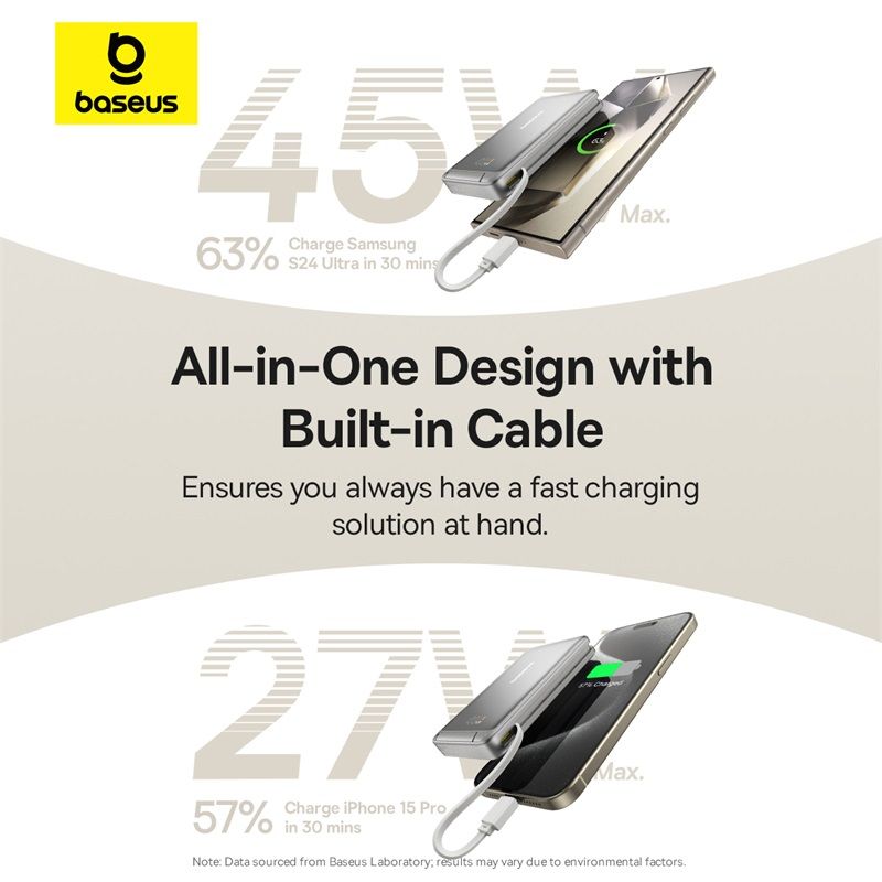 Pin Sạc Không Dây Baseus Nomos Qi2 Kickstand 10000mAh 45W (with Built-in USB-C Cable)