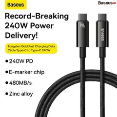 Cáp sạc nhanh Baseus Tungsten Gold 240W – Type-C to Type-C, PD 5A, cho MacBook, Samsung S23, Xiaomi, iPad, Huawei