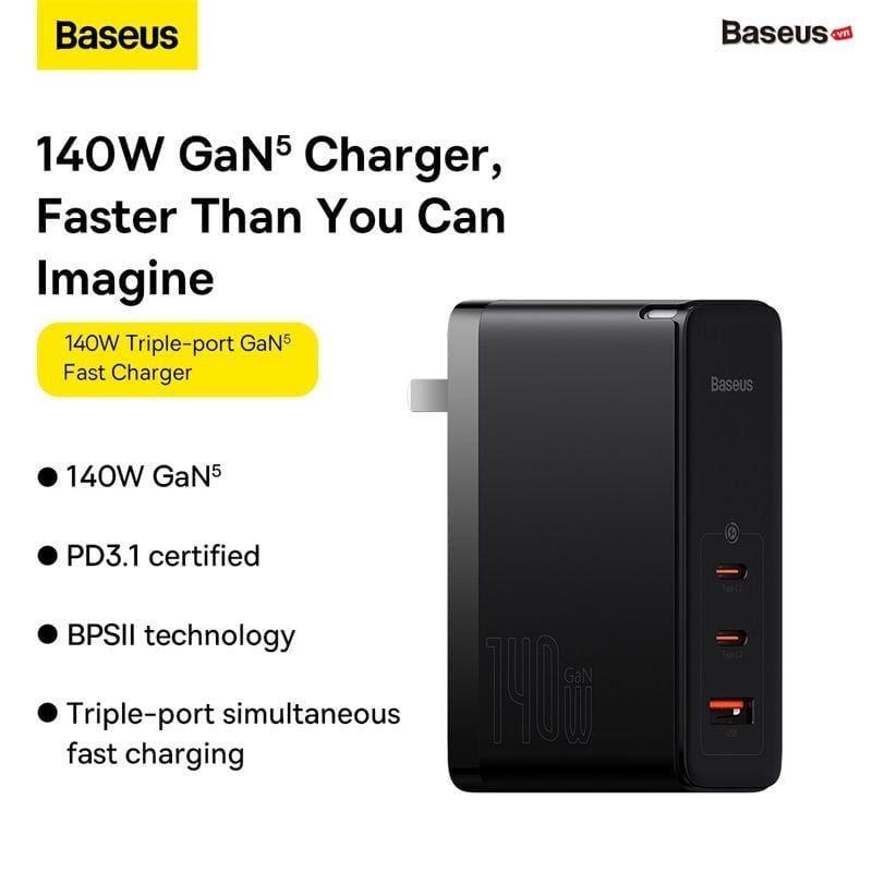 Củ sạc nhanh Baseus GaN5 Pro 140W – 2 Type-C + 1 USB, hỗ trợ PD/QC4.0/3.0, kèm cáp C to C chính hãng