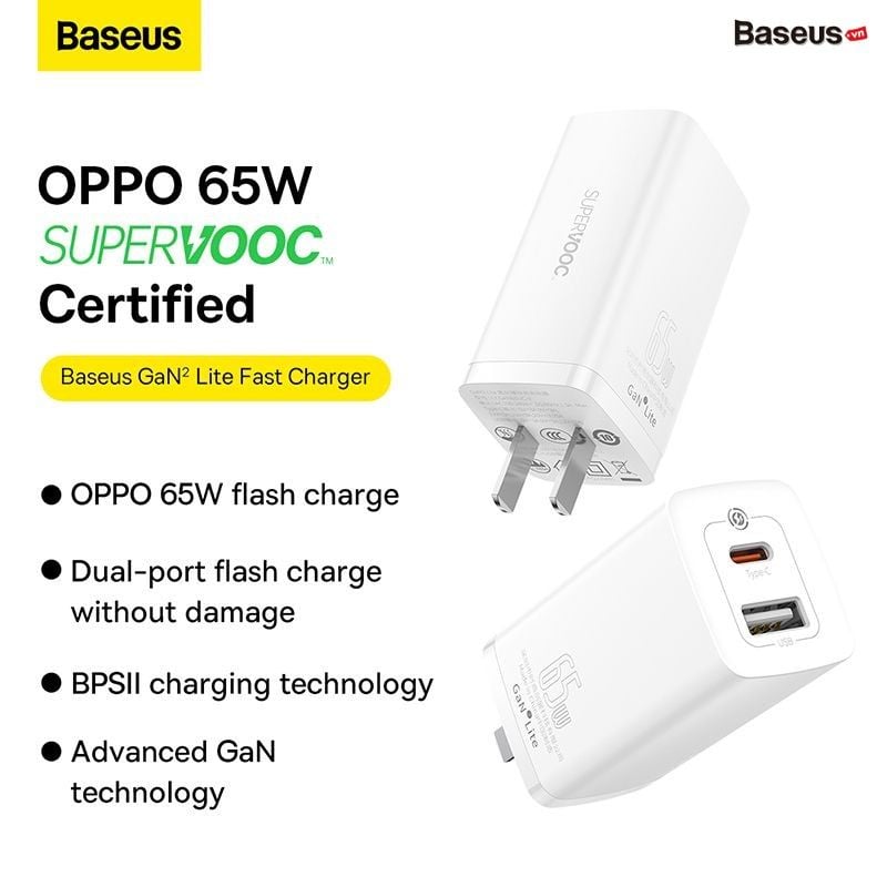 Cốc Sạc Nhanh Baseus GaN2 Lite Quick Charger 65W (Super Vooc, PD3.0/PPS/QC4.0/SCP/FCP Multi Quick Charge Protocol )