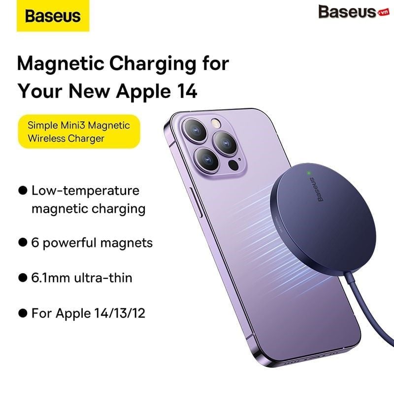 Đế Sạc Không Dây Baseus Simple Mini3 Magnetic Wireless Charger 15W (Magnetic Wireless Smart Charger Dùng Cho iPhone 12 13 14 Series Airpods 3 Android)