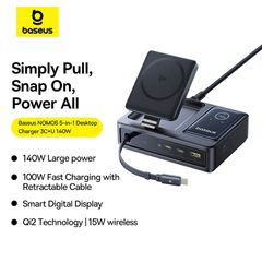 Bộ Sạc Để Bàn 3C+U Baseus NOMOS 5-in-1 140W (Qi2 Wireless Charging, Retractable Cable, Digital Display)