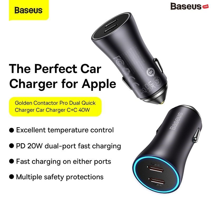 Tẩu Sạc Ô Tô Baseus Golden Contactor Pro 40W Dual PD Sạc Nhanh USB C Quick Charge 3.0 FCP AFC Cho IPhone13 Huawei Samsung Xiaomi