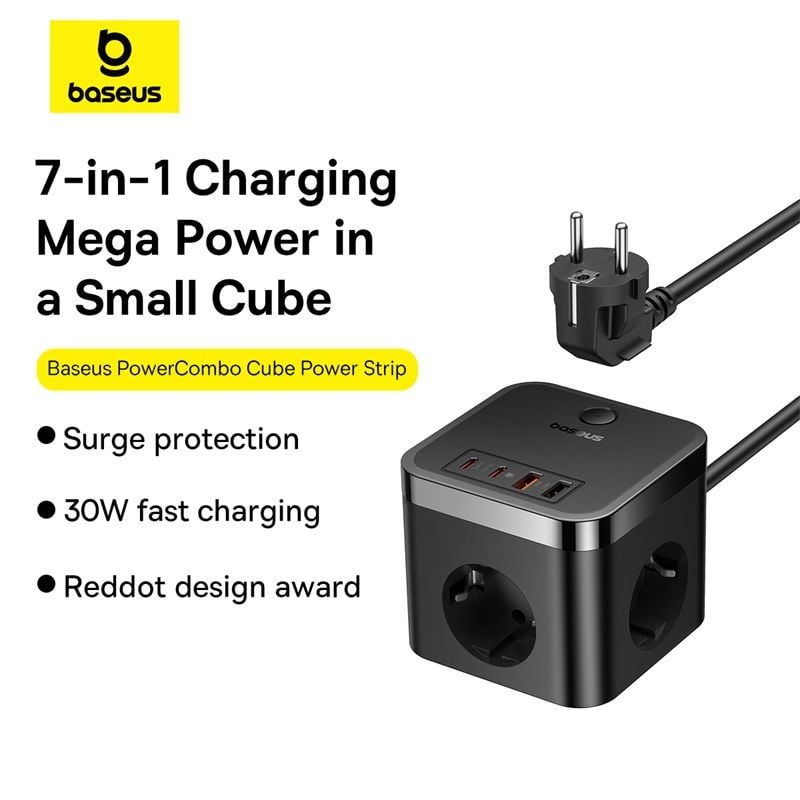 Bộ Sạc Nhanh Baseus PowerCombo Cube Power Strip 3AC+2U+2C 30W 1.5m