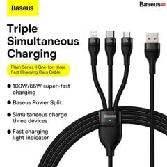 Cáp Sạc 3 Đầu Công Suất Cao 	Baseus Flash Series Ⅱ One-for-three Fast Charging Data Cable (USB to M+L+C 100W 1.2m)