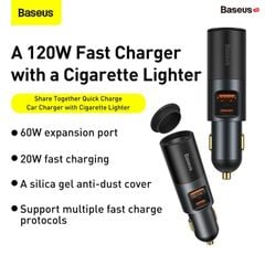 Tẩu sạc nhanh mở rộng 120W Baseus Share Together Fast Charge dùng cho xe hơi (120W, TypeC/USB Port, QC/PD3.0 Car Quick Charger with Cigarette Lighter Expansion Port)