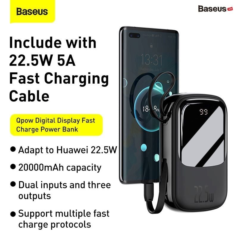 Pin sạc dự phòng sạc nhanh Baseus Qpow Digital Display 20000mAh (22.5W/5A, USB+Type C Port, QC/PD Quick Charging with Type C built-in Cable)