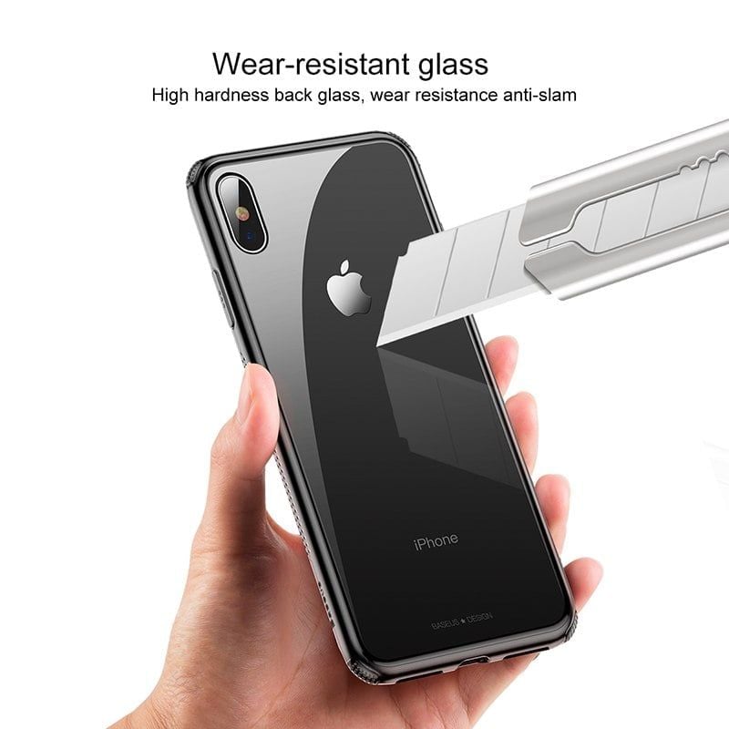 Ốp lưng kính cường lực viền Silicone chống sốc Baseus See-through Glass Case cho iphone XS/ XR/ XS Max (Tempered Glass + Soft Silicone )