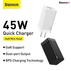 Bộ sạc nhanh đa năng, nhỏ gọn Baseus GaN2 Quick Charger 45W (Type C/USB Port, PD/QC3.0/SCP/FCP/AFC/BPS II Quick charger support, with C to C Cable)