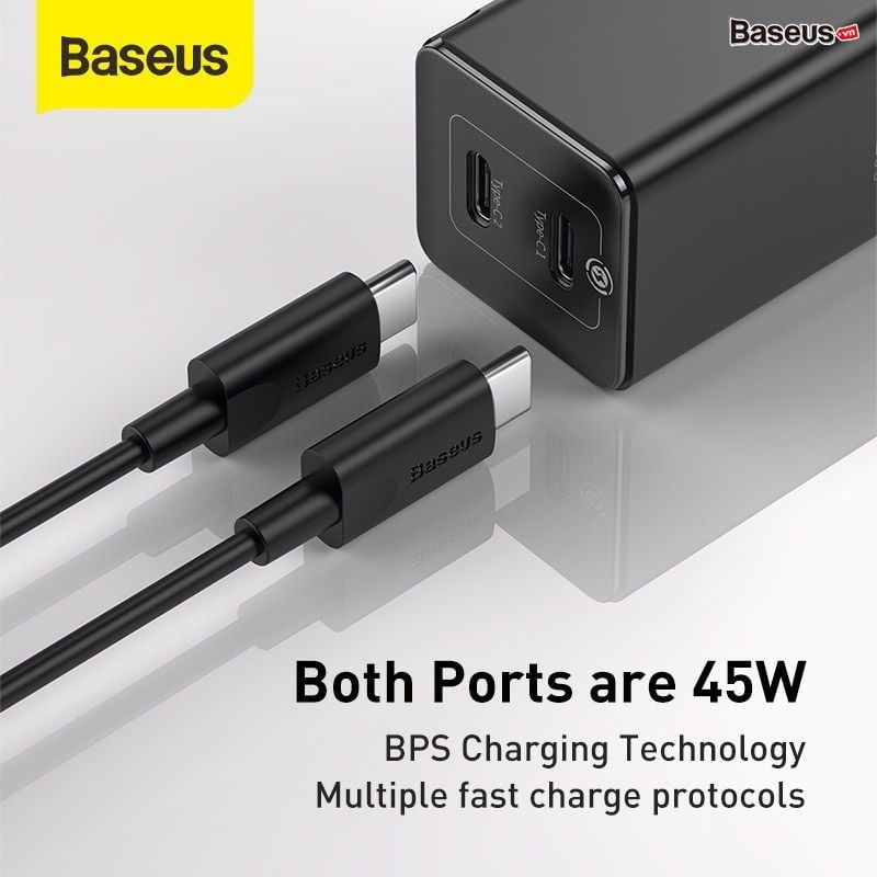 Bộ sạc nhanh đa năng, nhỏ gọn Baseus GaN2 Quick Charger 45W (Type C/USB Port, PD/QC3.0/SCP/FCP/AFC/BPS II Quick charger support, with C to C Cable)