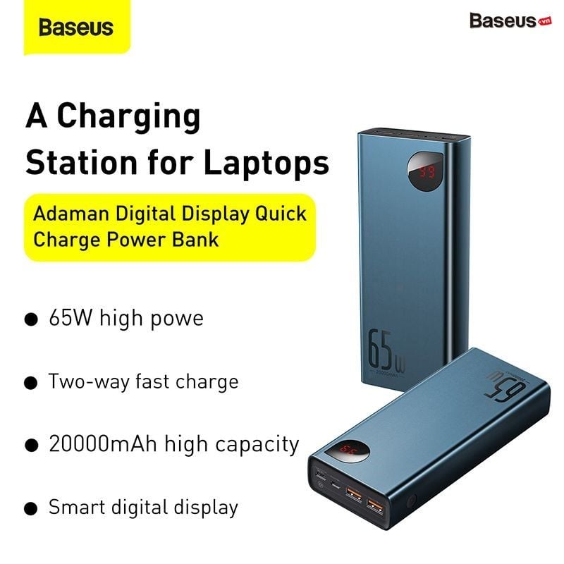 Pin dự phòng sạc nhanh Baseus Adaman Metal Digital Display Quick Charge Power Bank cho Smartphone/iPad/Macbook/Laptop (65W, 20000mAh, QC3.0/PD3.0/SCP/AFC Quick charge Power Bank)