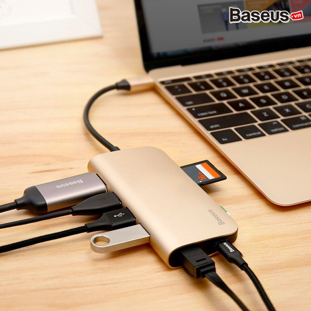 Hub chuyển đổi 8 trong 1 Baseus Almighty HUB cho Macbook Pro/ Laptop Windows (Type C to 3x USB 3.0, HDMI, TF/SD Card Reader, LAN RJ-45,  Type C Expansion Dock Adapter)