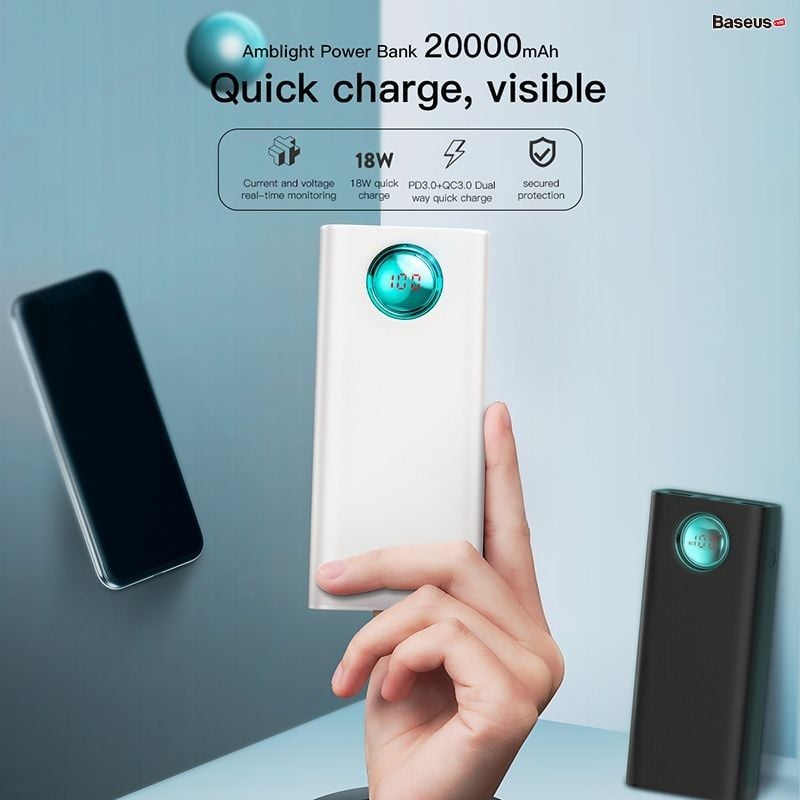 Pin dự phòng sạc nhanh Baseus Amblight PD/QC3.0 Quick charge cho Smartphone/ Tablet/ Macbook ( 20000mAh / 30000mAh, 18W / 33W, PD & QC3.0 , 2*Port USB+ Type C in/out, LED Display)