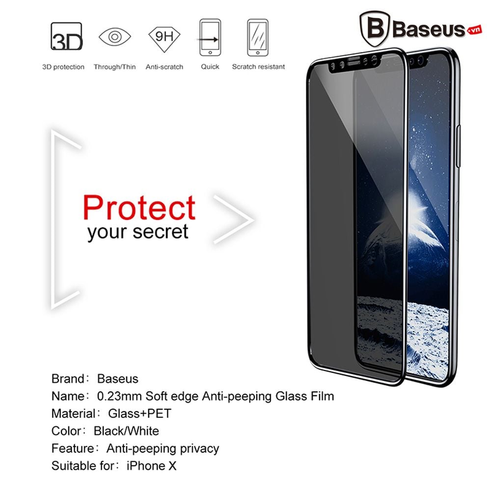 Kính cường lực 3D chống nhìn trộm Baseus LV176 cho iPhone X/XS (0.23mm, 3D full màn hình, - Anti Spy Glass Film)