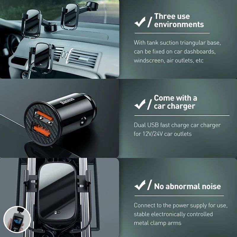 Bộ giá đỡ điện thoại gắn kính hoặc táp lô tích hợp sạc nhanh không dây dùng trên xe hơi Baseus Rock-Solid Electric Holder Wireless Charger Kit (Air Outlet base + Tank Suction base + Car Charger)