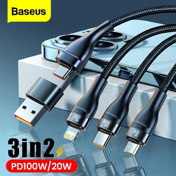 Cáp Sạc Nhanh Đa Năng 2 to 3 Baseus Flash Series Ⅱ 100W (USB + Type C to Type C + Lightning + Micro USB, 1.2m Fast Charge Cable)