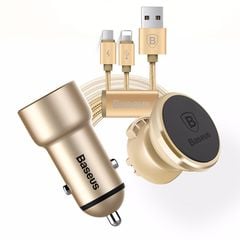 Bộ phụ kiện di động cao cấp trên xe hơi Baseus Kit (Sạc + Giá đỡ nam châm + cáp 2 đầu Lightning/Micro USB)