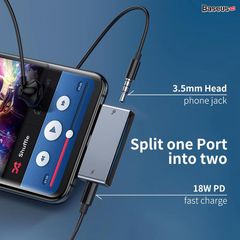 Đầu chuyển Type C sang Audio AUX 3.5mm & Type C Baseus L57 hỗ trợ sạc nhanh (18W, PD Quick charge)