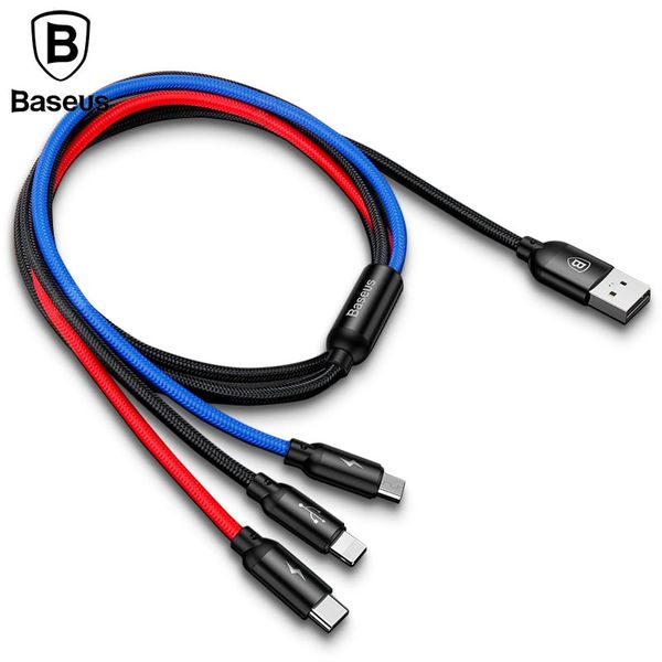 Cáp sạc và truyền dữ liệu tốc độ cao Baseus Three Primary Colors tích hợp 3 đầu kết nối Type C, Android và Lightning ( USB Type A to USB Type C/ Micro USB/ Lightning Fast Charging Cable)