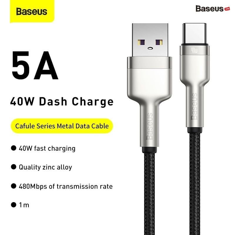 Cáp sạc nhanh, siêu bền Baseus Cafule Metal Series Type C 40W (USB to Type C, Zinc Alloy Material, Super Quick charge & Data Cable)