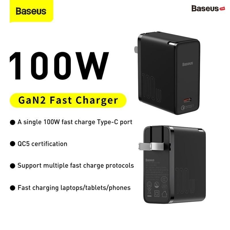 Bộ sạc siêu nhanh Baseus GaN2 Fast Charger 1C 100W (GaN2 Technology, QC5.0/QC4.0/PD3.0/PPS Multi Quick Charge Protocol Support)