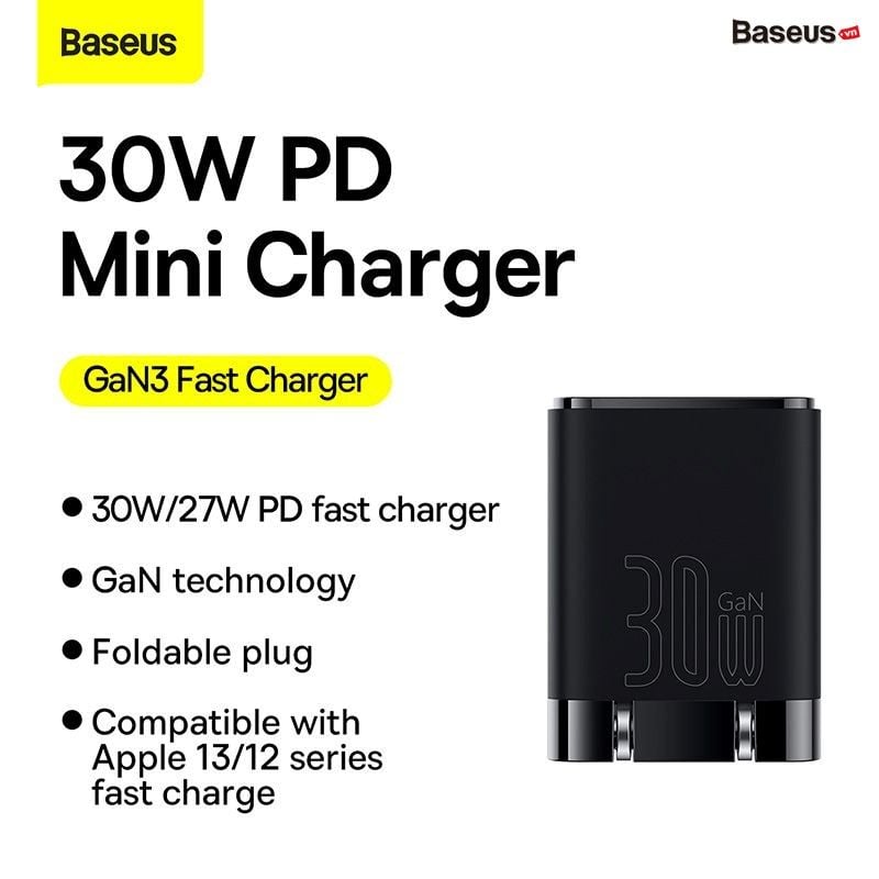 Củ sạc nhanh Baseus GaN3 1C 30W Quick Charger - Sạc nhanh, siêu nhỏ gọn (PD/QC/PPS Multi Quick Charge Support)