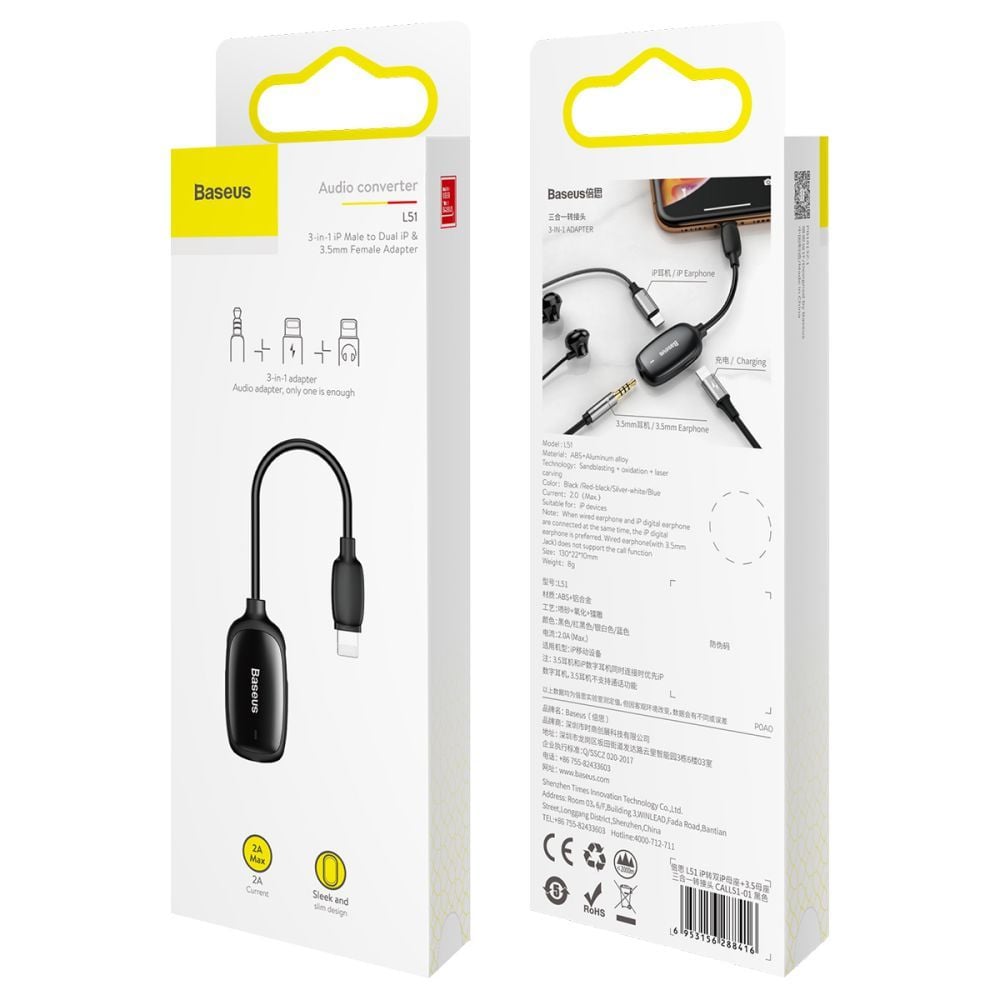 Bộ chuyển cổng Lightning sang Audio AUX 3.5mm + Dual Lightning Baseus L51 cho iPhone/iPad (Vừa sạc pin vừa nghe nhạc, có hỗ trợ Micro/Đàm thoại)