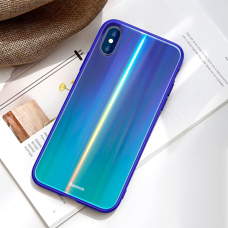 Ốp lưng trong suốt đổi màu Baseus Laser Luster Glass Case cho iPhone X ( Soft Silicone Edge , Tempered Glass Back Cover)